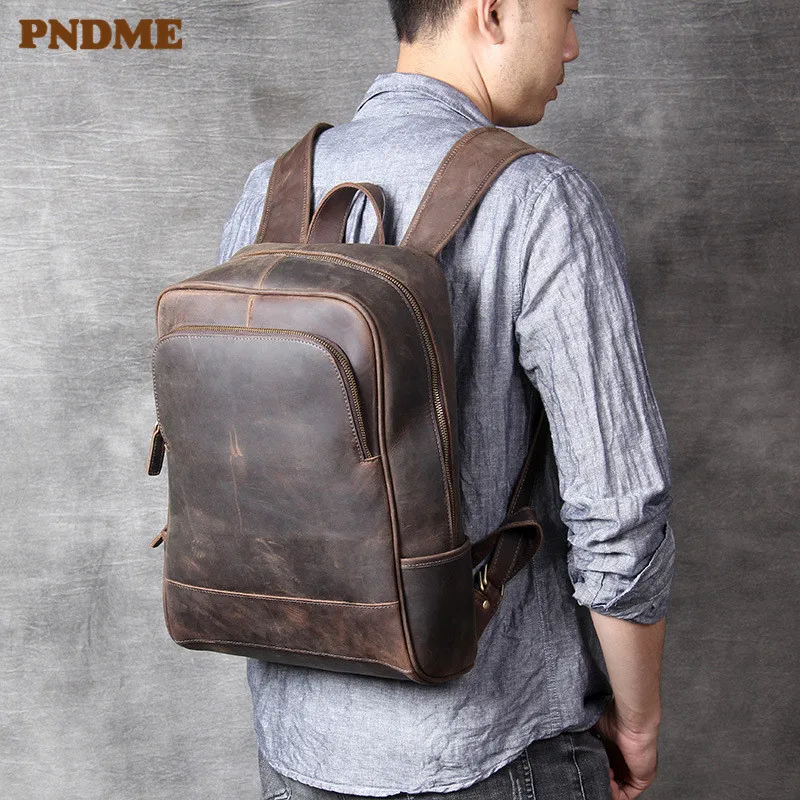 PNDME high quality crazy horse cowhide men's backpack vintage simple genuine leather anti theft travel large laptop bookbag