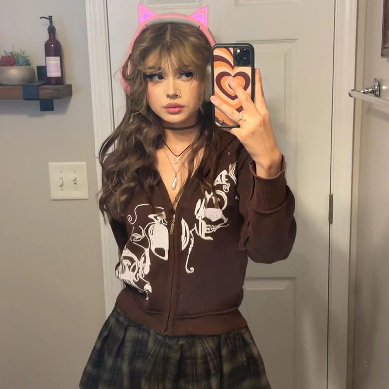 

Y2K Fairy Grunge Brown Cropped Hoodies Zip Up Long Sleeve Jacket Autumn Winter Women Harajuku Vintage Sweatshirt Outwear