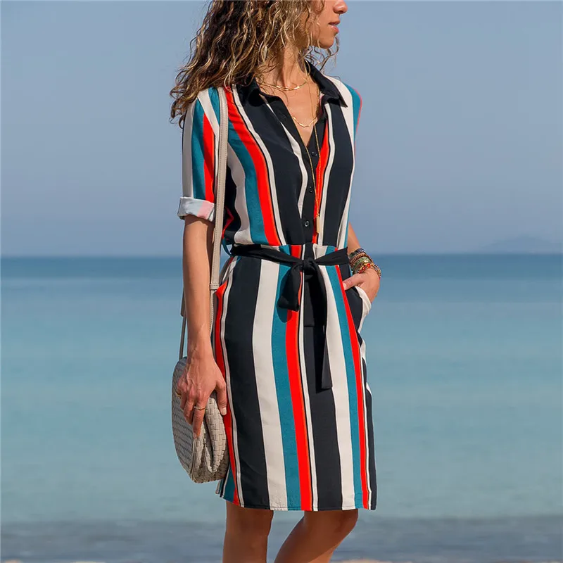 

OSLLELLAN Printed Chiffon Midi Dress Women Boho Beach Dresses Turn-Down Neck Short Sleeve Ladies Summer New Holiday Dress