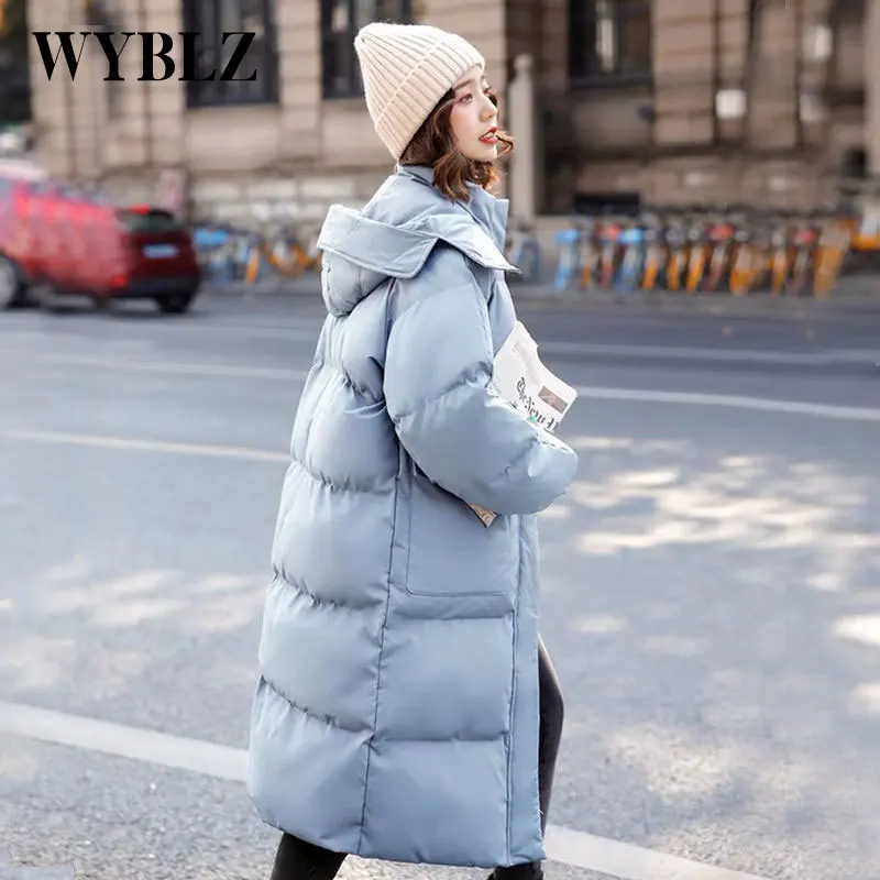 WYBLZ Women's Cotton Jacket Long Down Winter Parka Women Black White Cotton Coat Female Korean Loose Hooded Overcoat Jackets New