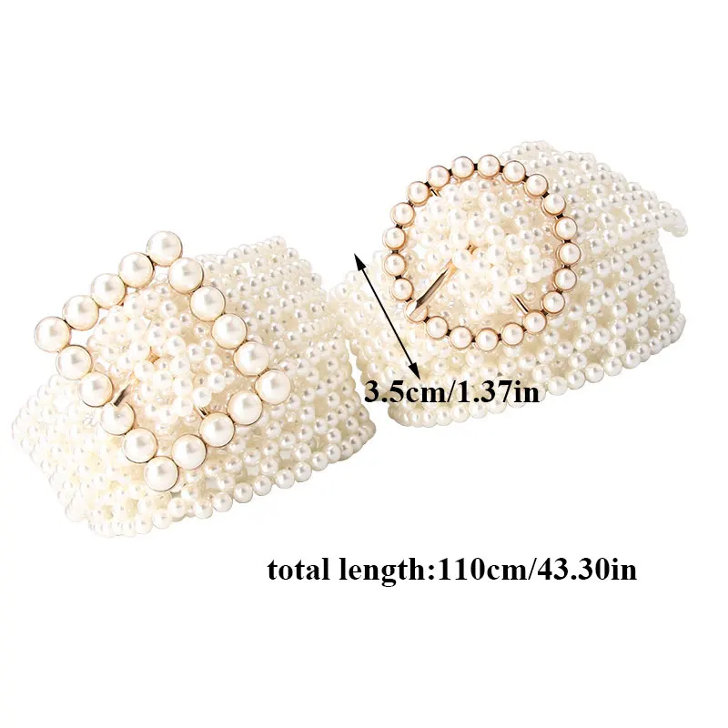 

Women Inlaid Pearl Girdle Hollow Out Square Round Buckle Belt Pearls Beaded Wasit Chain Belt Dress Decoration Wide Waistbands