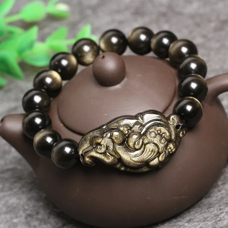 

Мужской браслет, золотистый обсидиановый камень, круглые бусины, браслеты, резные золотистые браслеты PIXIU, подарок для мужчин, Изящные Ювели...