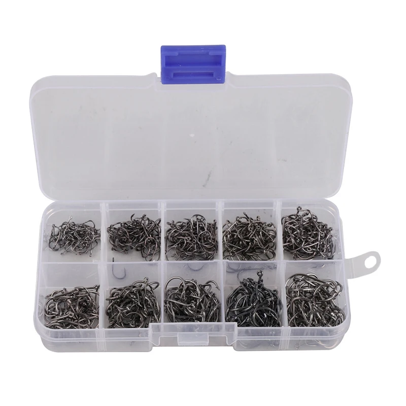 

500pcs Fish Hooks 10-Size Fishing Black Silver Sharpened With Box Quality Kit
