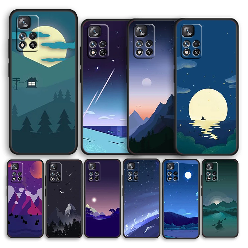

Night scene moon For Xiaomi Redmi Note 11 10T 5G 9T 9S 8T 7 6 Pro Max Plus 5A 4 Silicone Soft Black Phone Case