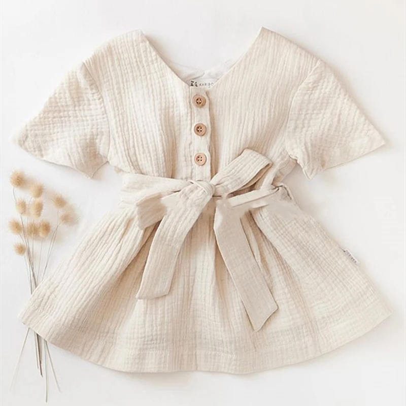 

Summer New Kids Girl Casual Short-sleeved Dress with Belt Fashion Cotton Solid Color Button V-neck Children Princess Dress