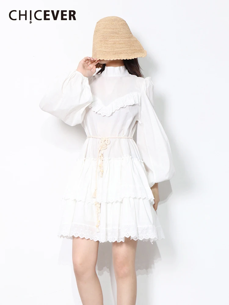 

CHICEVER, Белое Женское платье с оборками, с воротником-стойкой, с длинным рукавом, с высокой талией, повседневные платья, женская мода, новая оде...