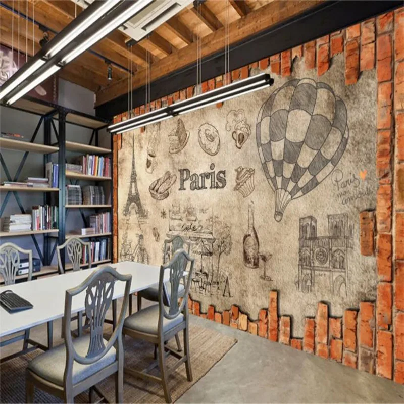 Ретро ручной рисунок Париж воздушный шар кофейный дом кирпичная стена бумага
