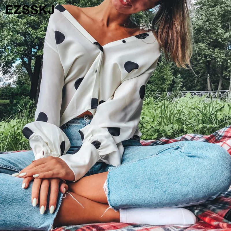 Блузка женская шифоновая в горошек с длинным рукавом свободного покроя|Блузки| |