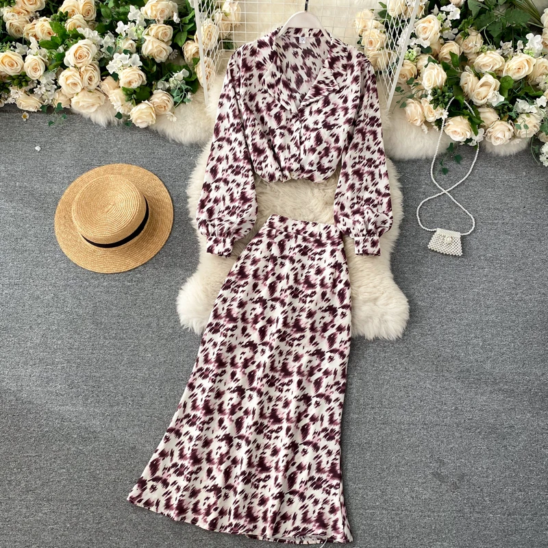 SINGRAIN Women Autumn Fashion Retro Print Set Turn-down Collar Single Breasted Blouses + High Waist Long Skirt Two Pieces |