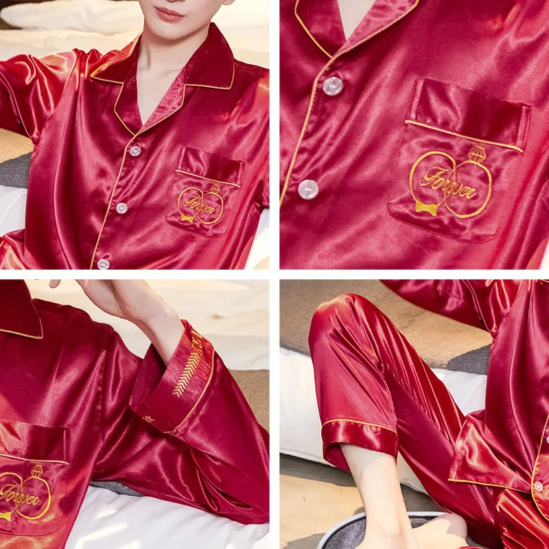 

Couple Pajama Sets Ice Silk Lace Sleepwear Set Women Sexy Hanging Skirt Nightgown Couple Married Festive Wedding Gown Set