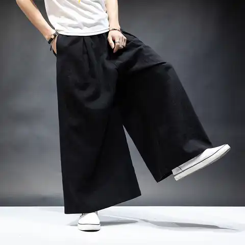 Штаны мужские из хлопка и льна, винтажные, с широкими штанинами, с эластичным поясом и карманами, размера плюс, ML-7XL
