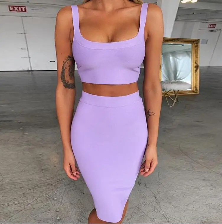 lilac Олень Женский Бандаж Платья для вечеринок укороченный топ и фиолетового цвета из 2 предметов, комплект с ремешками и открытыми плечами облегающее сексуальное знаменитости Утягивающее облегающее платье мини для клу - Цвет: lilac