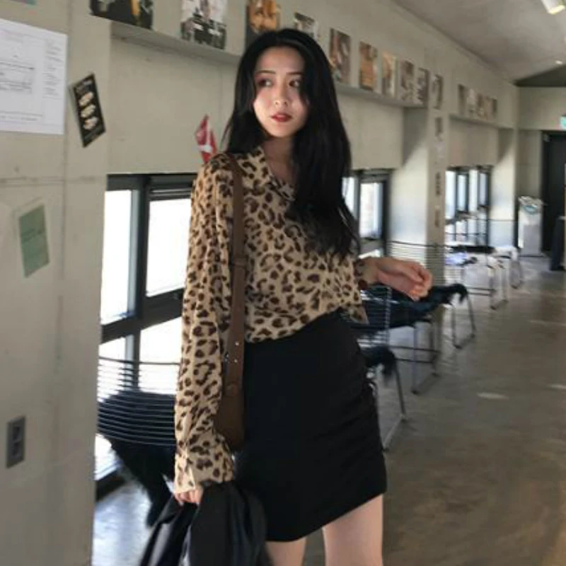 

Shirts Womens Leopard Oversize Drop Shoulder Turn Down Collar Ulzzang Chic Retro Design New Autumn Cool All-match Leisure Tops