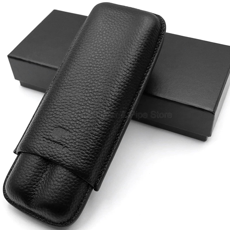 Black Чехол COHIBA из натуральной кожи для сигарет, сигар, путешествий, держатель, чехол, гаджеты, 2 трубки, для сигар, портативный, для улицы, чехол с подарочной коробкой - Цвет: Black
