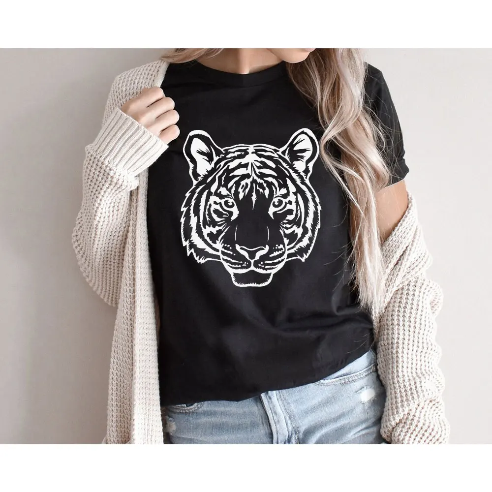 

Рубашка с тигровым лицом, крутая Летняя женская хлопковая футболка с коротким рукавом и круглым вырезом, уличная одежда, черный модный пода...