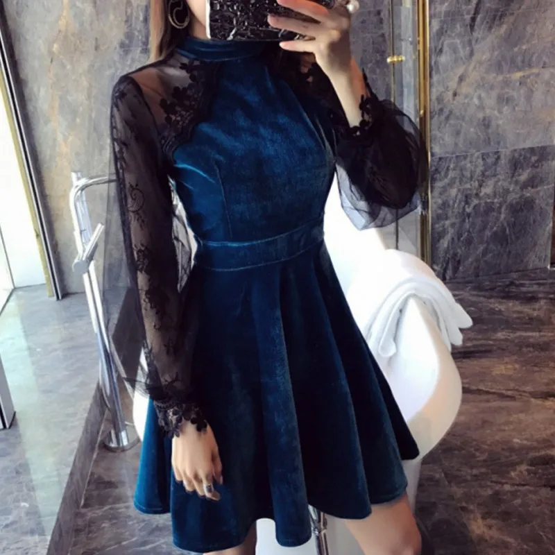 Новое Женское кружевное лоскутное бархатное платье 2020 Весна с длинным рукавом