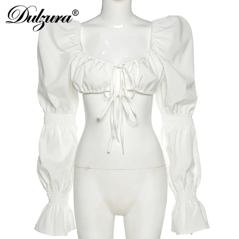 

Dulzura puff long sleeve ruffle lace up women crop top shirts elegant ruched hollow out 2020 autumn winter clothes party Korea