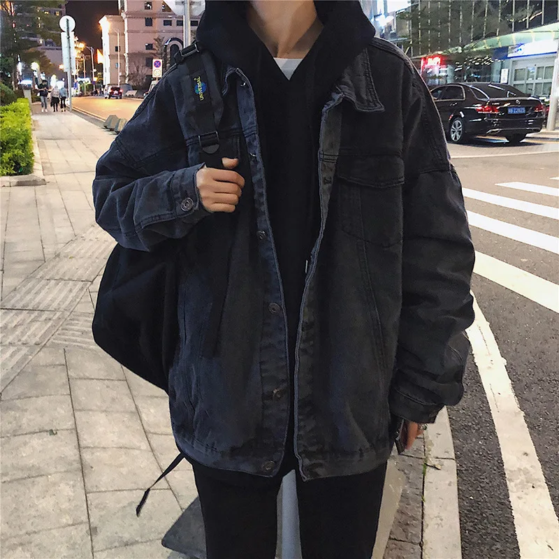 

Куртка мужская джинсовая свободного покроя, универсальная уличная одежда для отдыха, шикарная винтажная модная однотонная в Корейском сти...