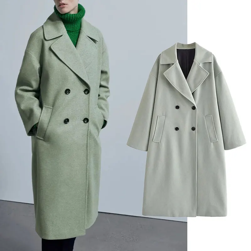 

Женское шерстяное пальто ZA, Модное теплое двубортное пальто с карманами, повседневное шикарное пальто с длинным рукавом, Осень-зима 2021