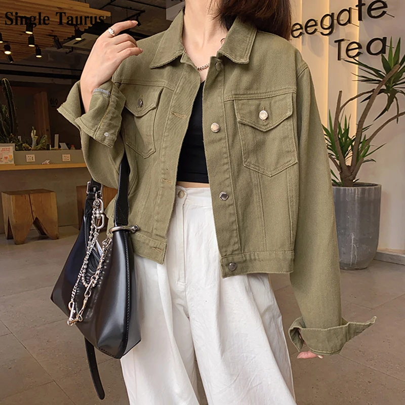 

Spring Fall Jean Jackets for Girls Fashion Street Wear Short Length Cropped Jacket Long Sleeve Preppy Denim Jacket Veste Femme