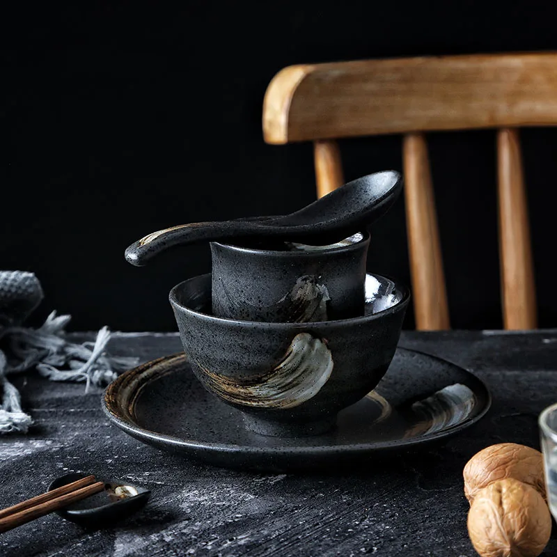 

KINGLANG Japanese Design Black Single Matte Ceramic Tableware Sushi Round Plate Rice Big Bowl