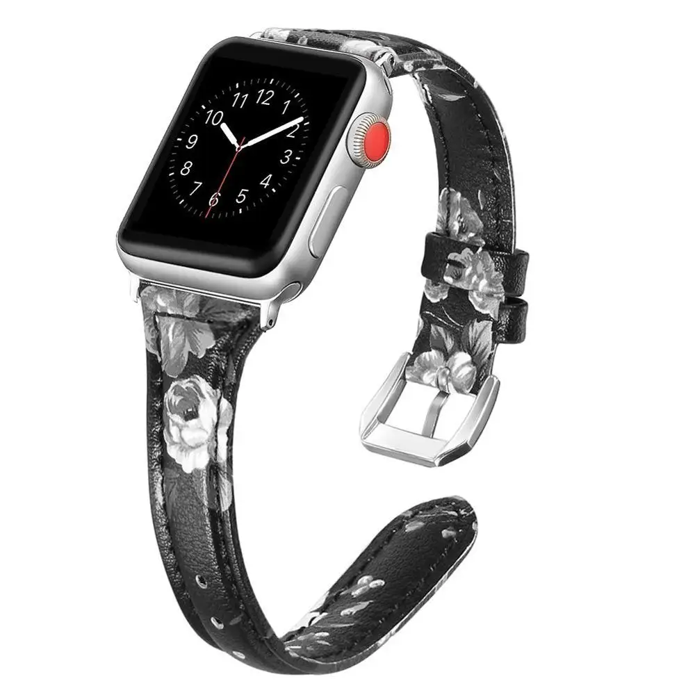 Black Gray Floral С цветочным узором ремешок для apple watch, ремешок 42 мм, 38 мм, ремешок для наручных часов iwatch, Версия 44 мм 40 мм Series 5/4/3/2/1 кожаный ремешок correa спортивный браслет - Цвет ремешка: Black Gray Floral