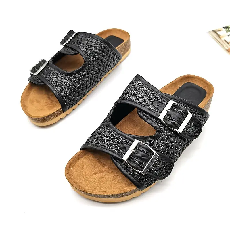 Сандалии мужские кожаные на платформе плоская подошва стразы клоги низкая