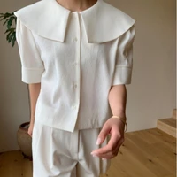 south korean chic summer vintage womens big lapel short sleeves loose single row button down niche white shirt