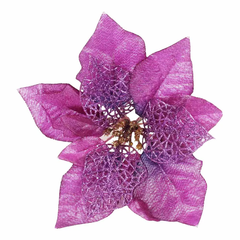 Purple(20cm) 12pcs/lot Artificial Christmas Flowers Plastic&Cloth Glitter Hollow Flower For Christmas Tree Decoration DIY Xmas New Year Decor - Цвет: Purple(20cm)