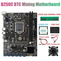 btc b250c miner motherboardg3920 or g3930 cpu cpufanddr4 4gb 2666mhz ram128g ssd2xcable 12xpcie to usb3 0 graphics card slo
