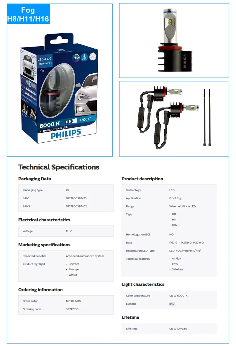 Philips X-treme Ultinon светодиодный H11 6000K холодный белый+ 200% более яркий светодиодный фонарь для автомобиля подлинный ремонт оригинальных ламп 11362XUX2, 2X