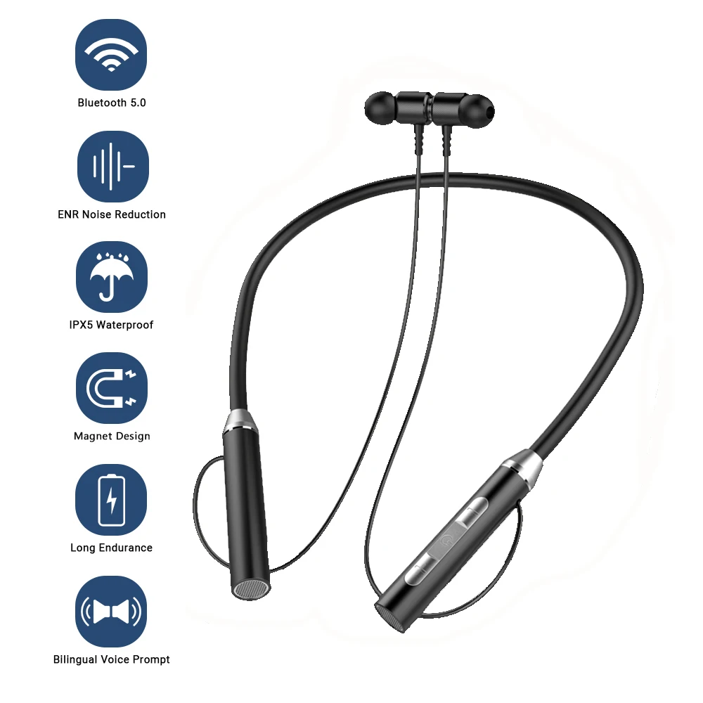 Magnetic Neckband TWS Earphones Bluetooth 5.0 Wireless Earbuds Hanging Neckband Sports Earphones TF Card Play Music Earbuds