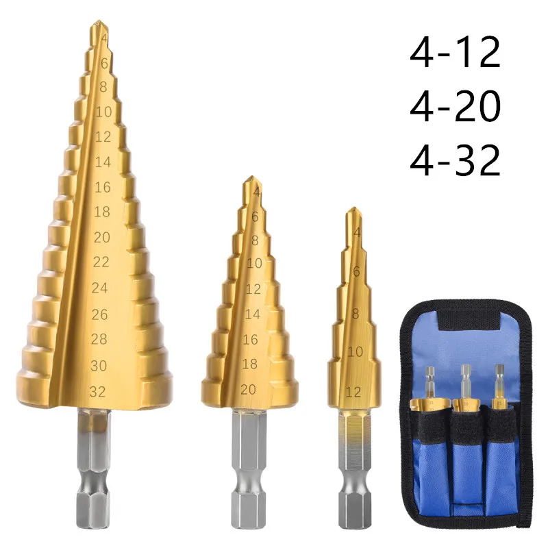 size(4-12 4-20 4-32) 3 шт. HSS титановые ступенчатые сверла конусные режущие инструменты сталь Деревообработка Дерево Металл сверление Набор сверло сверла - Цвет: size(4-12 4-20 4-32)