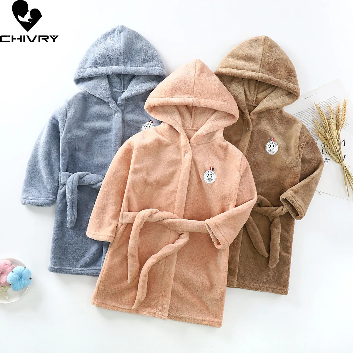 

New Autumn Winter Kids Hooded Bathrobe Baby Bath Robes Boys Girls Thicken Warm Solid Flannel Pajamas Long Sleeve Towel Robe