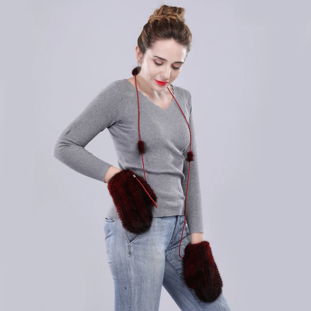 Женские вязаные перчатки из 100% натурального меха норки женские зимние теплые