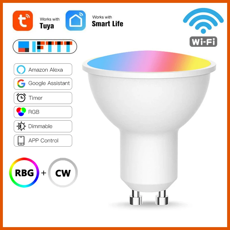

Светодиодный умный Точечный светильник GU10 s Tuya, лампа для умного дома, Wi-Fi, 4 Вт светодиодный лампы с дистанционным голосовым управлением, RGB + ...