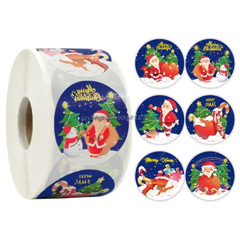

P82C 500Pcs Merry Christmas Round Stickers Roll Santa Claus Snowman 6 Designs Adhesive Labels for DIY Box Envelope Seal