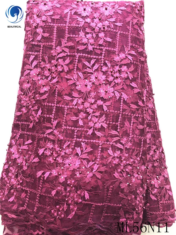 

Beautifical african lace fabrics blue net lace fabric with stones Top sale nigerian tulle lace beads embroidery 5yards ML56N11