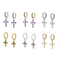 925 silver ear buckle cross hanging stud earrings for women fine fashion charm jewelry bling glitter zircon hoop earrings