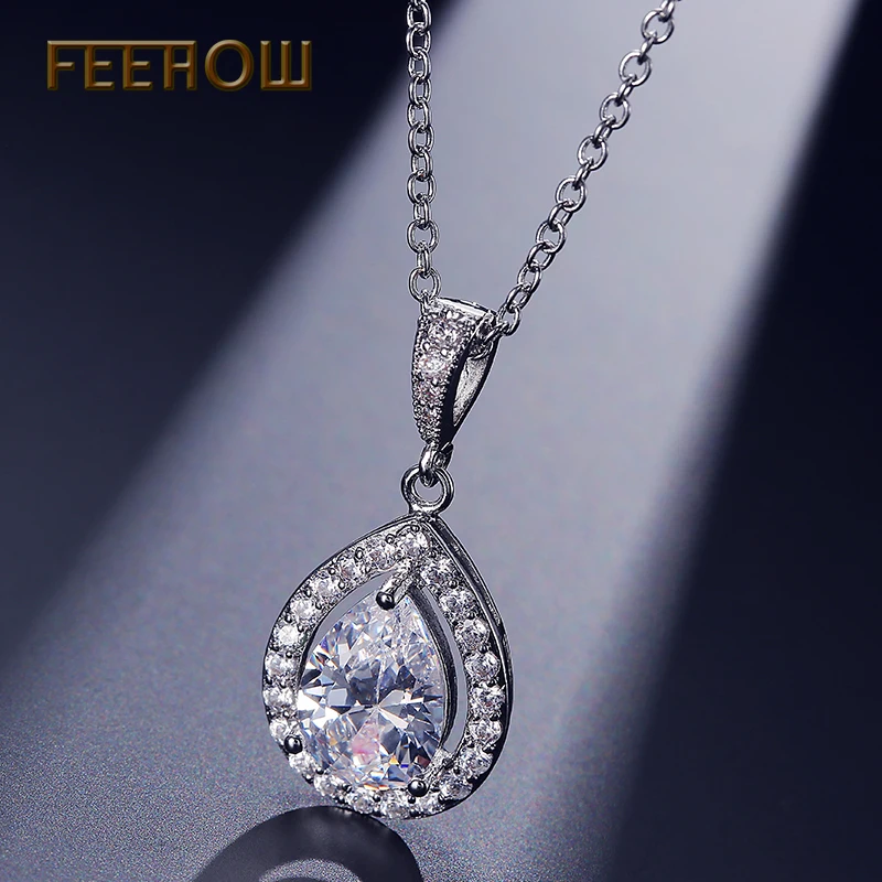 FEEHOW Новый AAA капли воды кубического циркония кулон ожерелья Мода Прозрачный