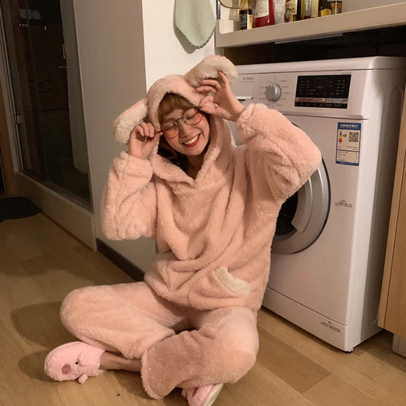 Осень Зима Женская домашняя одежда костюм толстый теплый коралловый фланелевая