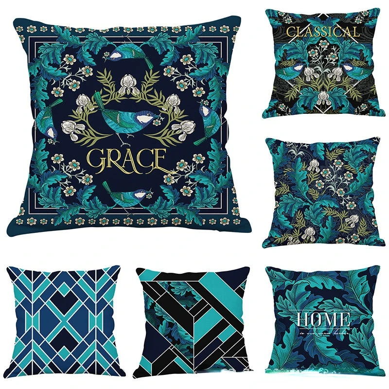 

Vintage Cushion Cover 18 Inch Bird Print Square Throw Pillow Cover Soft Sofa Decorative Pillowcase Dark Green Hot Luxury Pillow