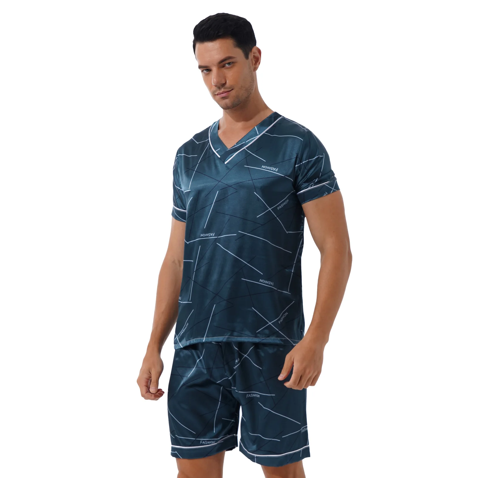 

Summer Print Satin Pajama Set Men's Lingerie Set Sleepwear Loungewear Short Sleeve V Neck Tops Mid Waist Shorts Homewear Costume