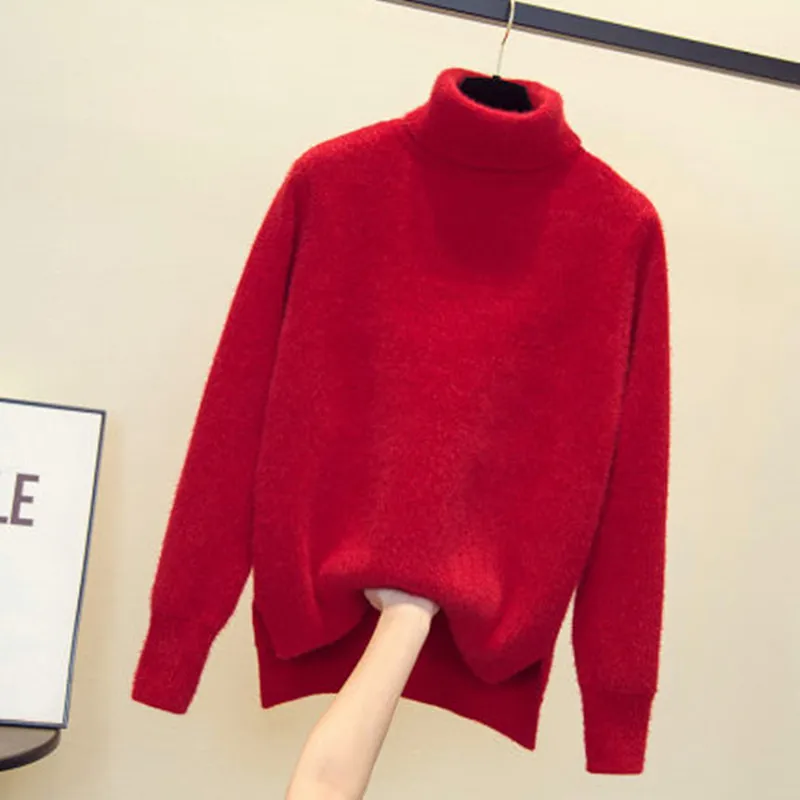 Свитер женский из шерсти норки с высоким воротником на осень и зиму | Женская