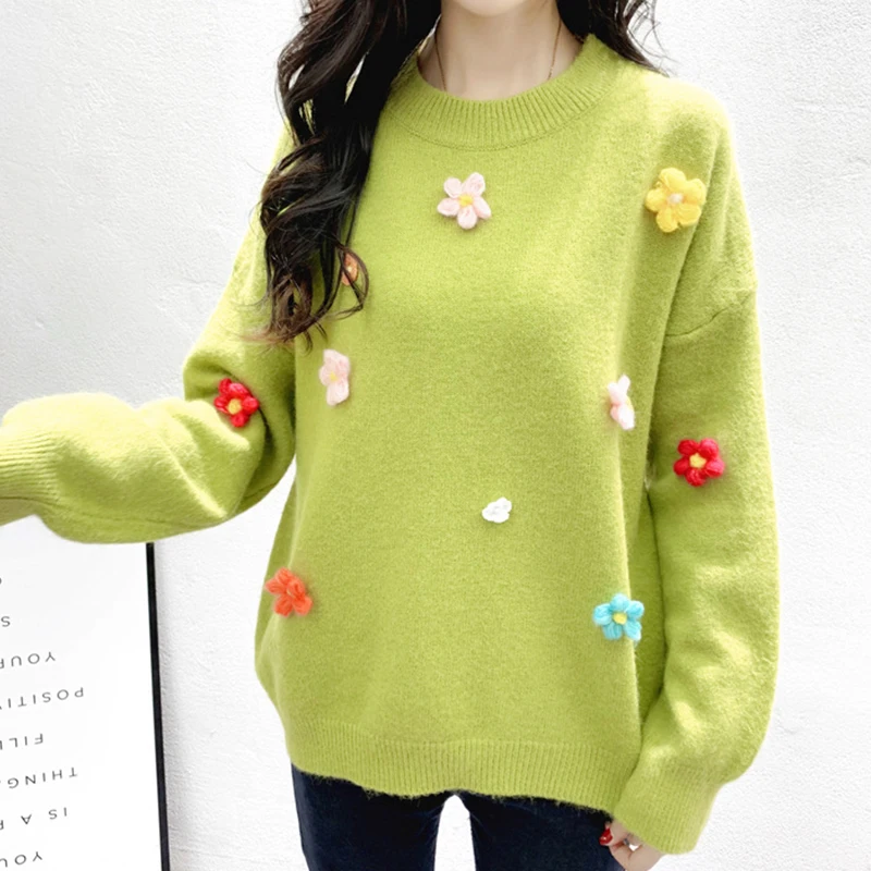 Женский Повседневный свитер с цветочной вышивкой женский длинным рукавом и