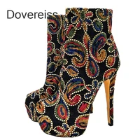 dovereiss fashion womens shoes winter sexy stilettos heels retro platform round toe embroidery zipper mature ankle boots 42 43