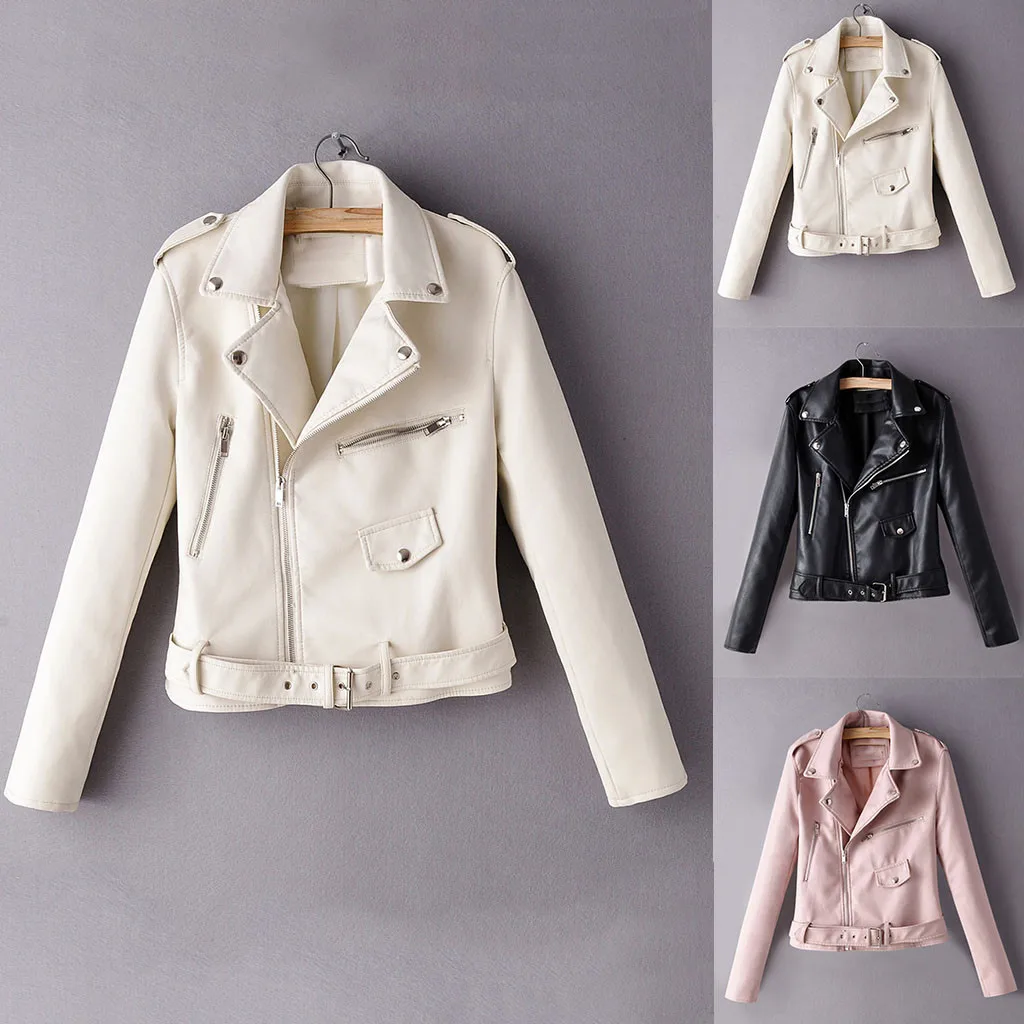 Женская кожаная куртка с длинным рукавом однотонная зимняя на молнии верхняя