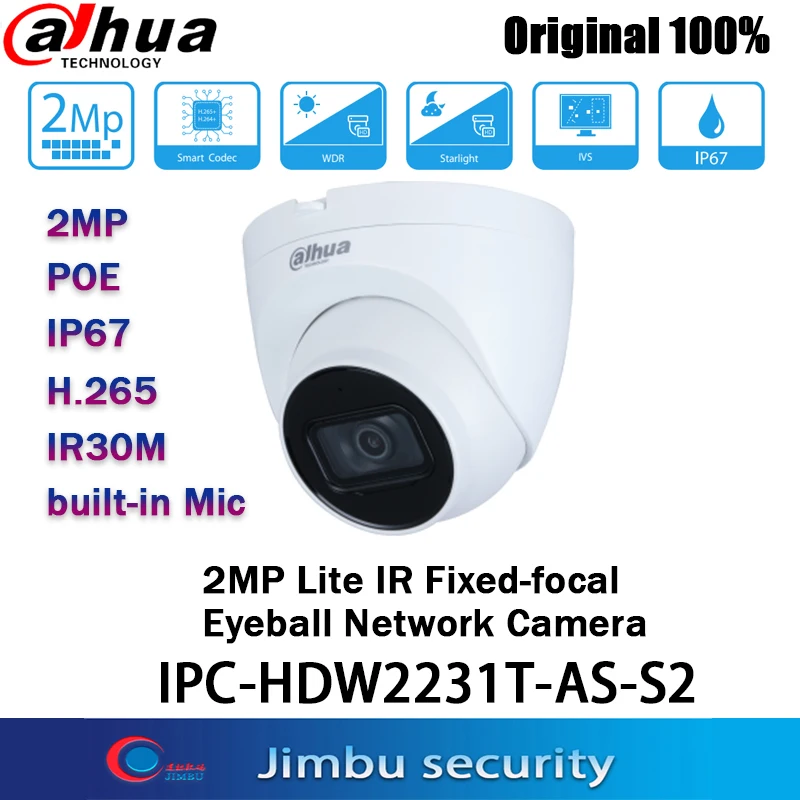 

Dahua 2MP POE IP Camera IPC-HDW2231T-AS-S2 H.265 IR30M IP67 built-in Mic 256 GB Micro SD card Surveillance Dome Indoor Camera