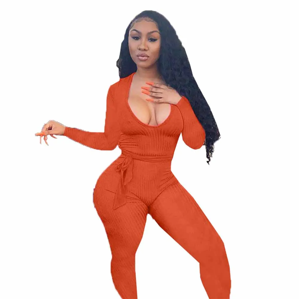 

Casual Workout Sportwear Knitted Skinny Romper Women Deep V Neck Full Sleeve Slim Playsuit Streetwear Sashes One Piece Overalls