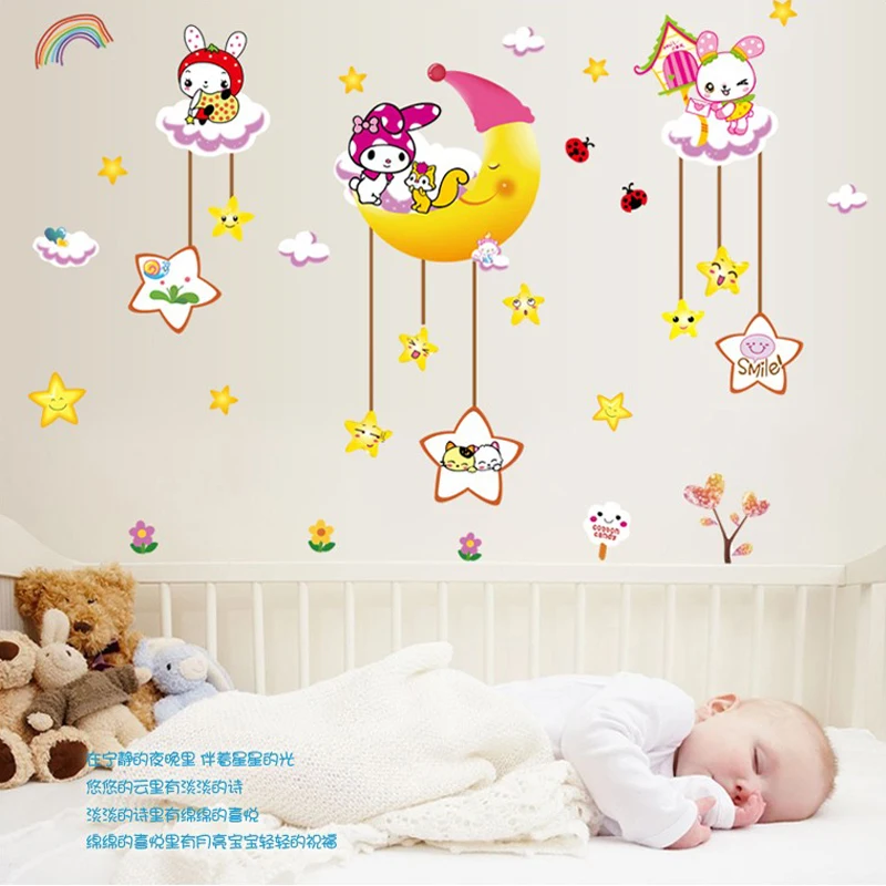 

Cartoon Rabbit Moon Children's Room Wall Stickers Cute Stars Rainbow Baby Room Nursery Decoration Detachable PVC Wallpaper